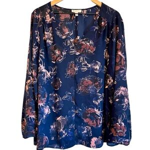 Lila Rose V Neck Long Sleeve Flowy Floral Navy Blouse - 1x